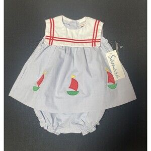 Vintage Girl’s Dress Size 6/9 Months Seersucker Sailboat NOS Bloomers NWT Blue